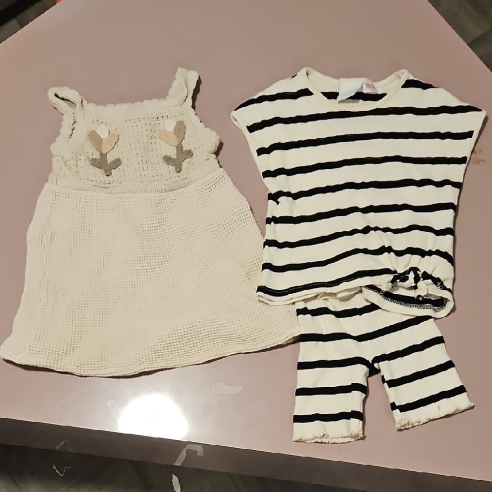 Zara Cream Crochet Dress & Cream/Black Striped Top and Shorts Set